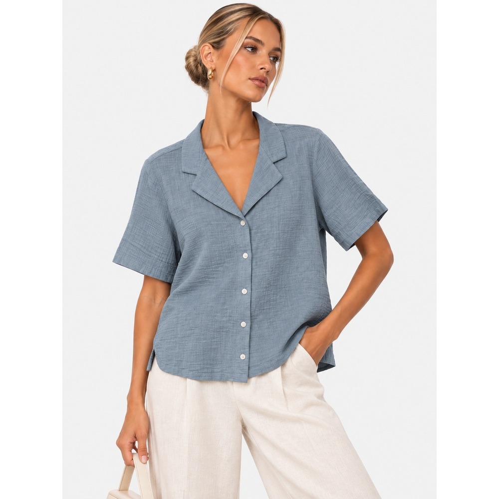 Quince 100% Organic Cotton Gauze Short Sleeve Shirt Ocean Breeze Blue M